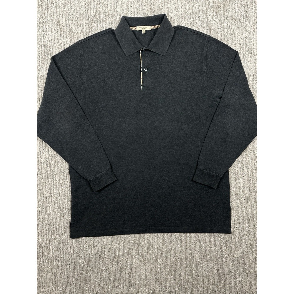 Burberry London Black Polo XL Button Collared Long Sleeve Nova Check Trim